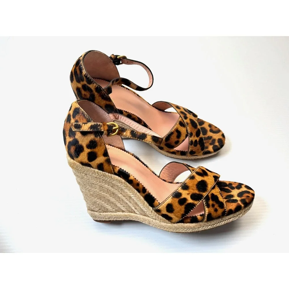 J Crew Jute Wedge Sandal Women 10 NWOB Espadrille  Leopard Calf Hair Ankle Strap
